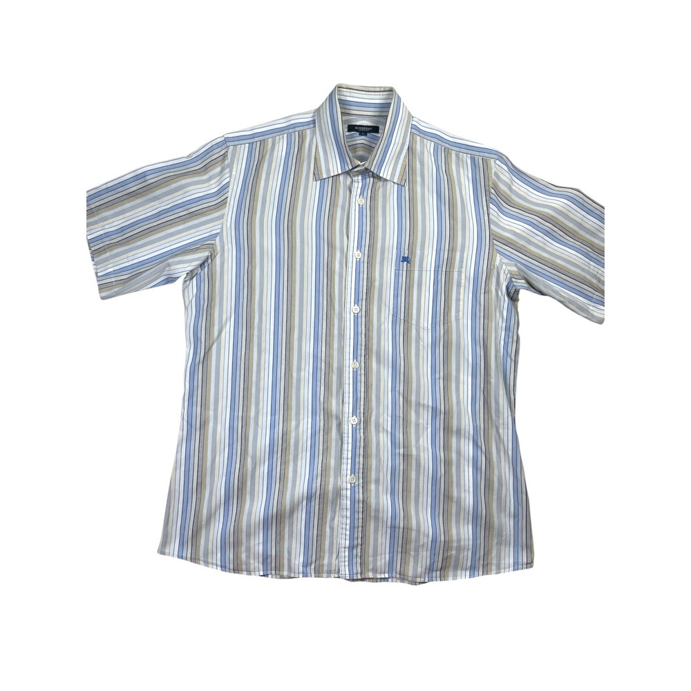 Burberry London Men's Large Blue White Striped Short Sleeve Button Up Shirt